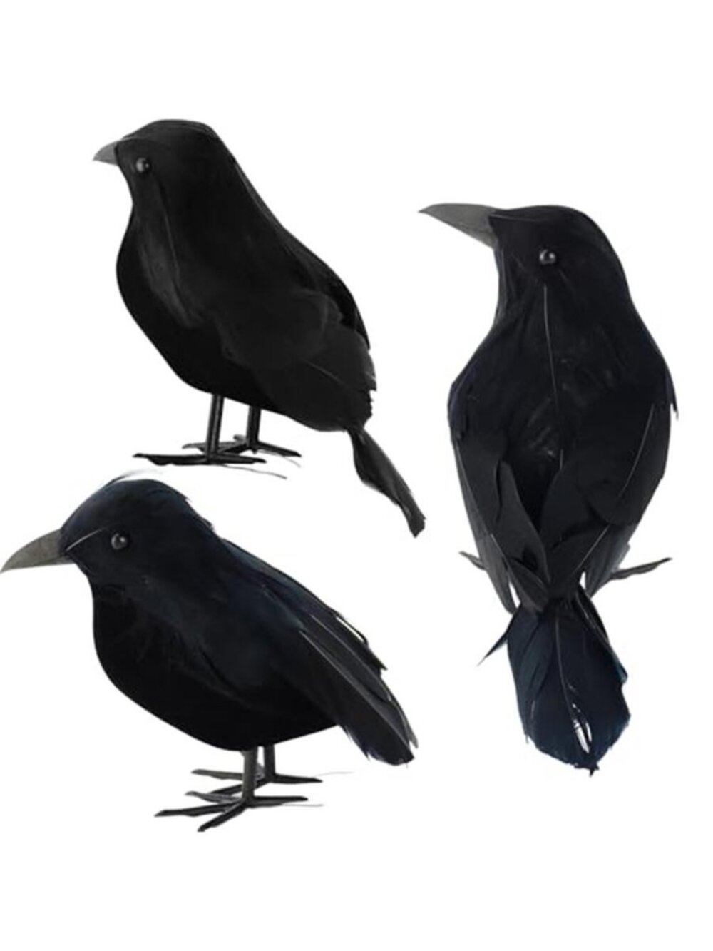 3 Pcs Black Feathered Crows Realistic Halloween Decorations Indoor Outdoor